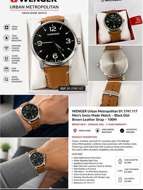 Wenger Men's Watch – Black Dial, Brown Leather Strap
